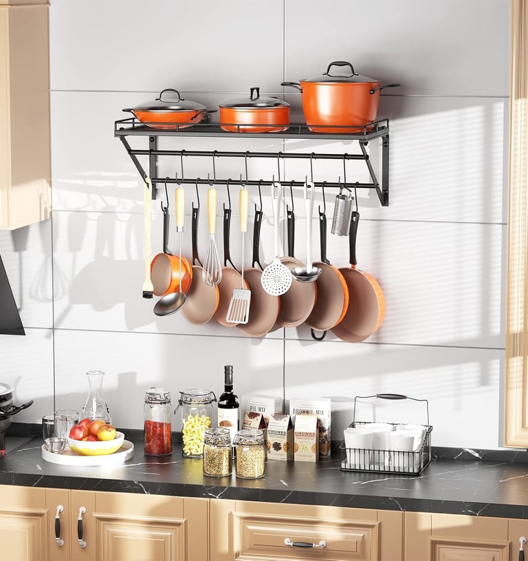 31 Inch Wall Mounted Pot Rack Storage Shelf with 2 Tier Hanging Rails 14 S Hooks included