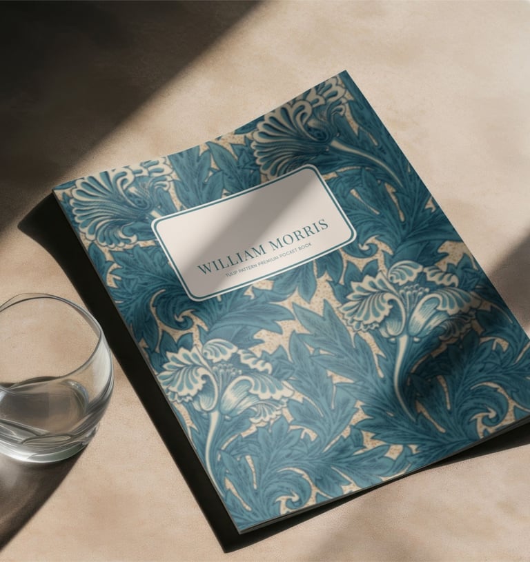 a William Morris pocket book with a glass of water