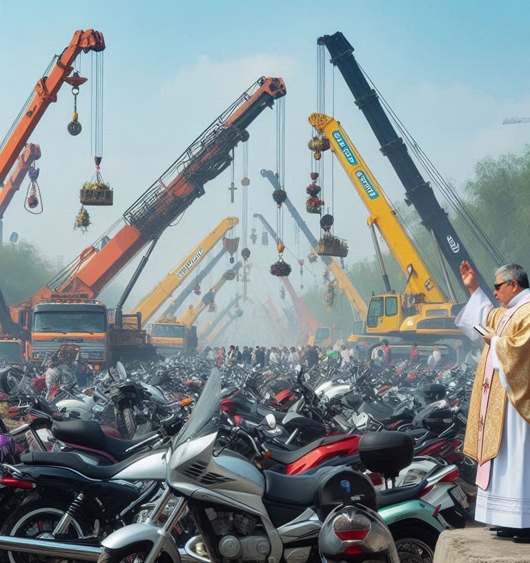 a priest in a white robe standing in front of a large group of motorcycles