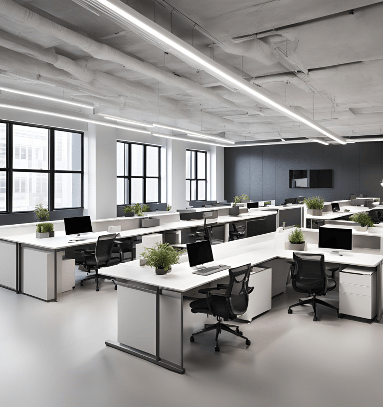 a large open office with a desk and chairs- clayworks Shankara