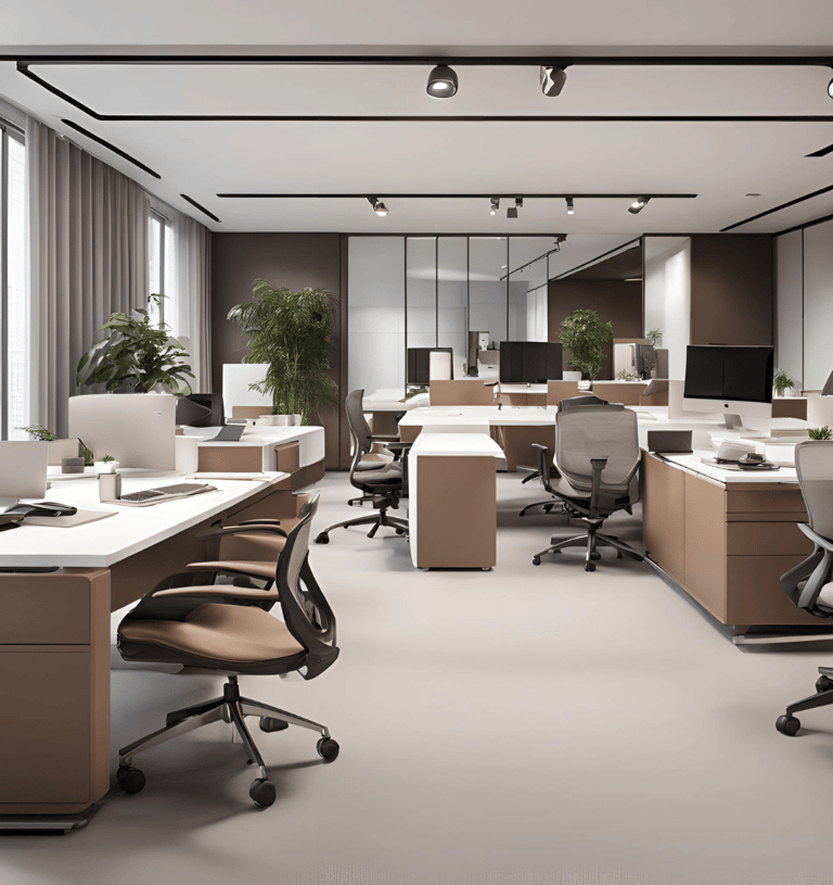 a modern office with a large desk and a large - clayworks mini forestwindow