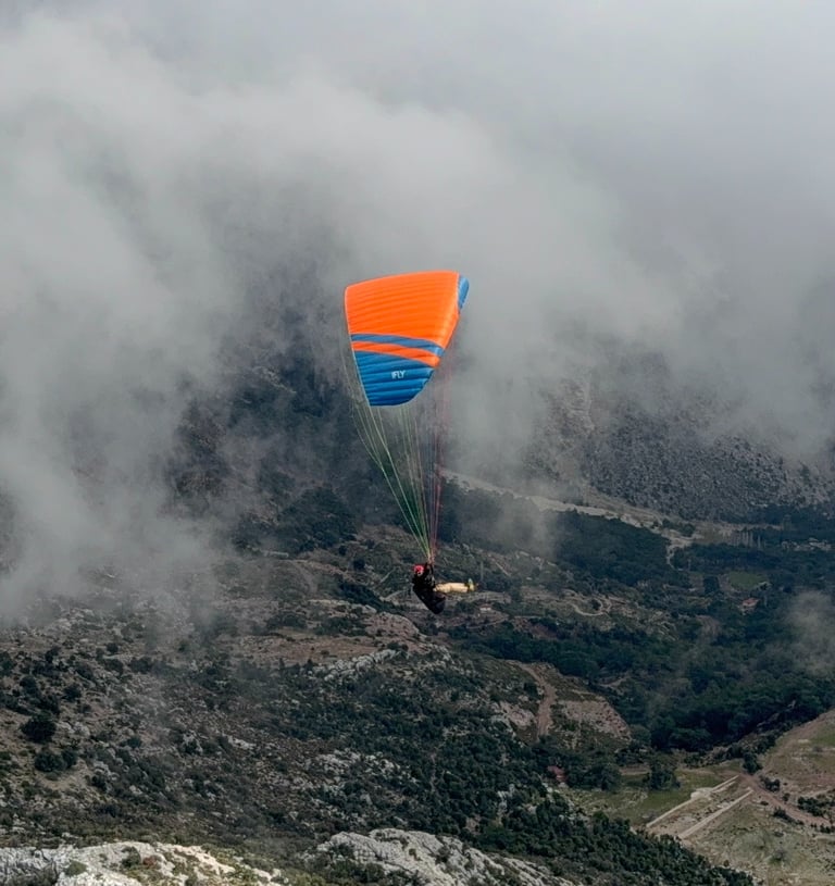 safe EN-A paraglider flying over clouds