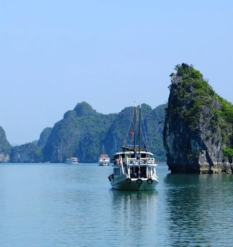 a boat in the water with a boat in the background