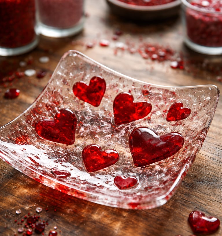 Fused glass dish with red hearts