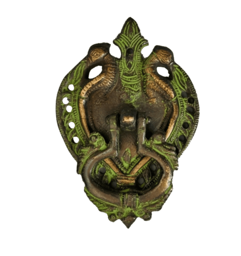 a metal wall mounted with a green dragonfly