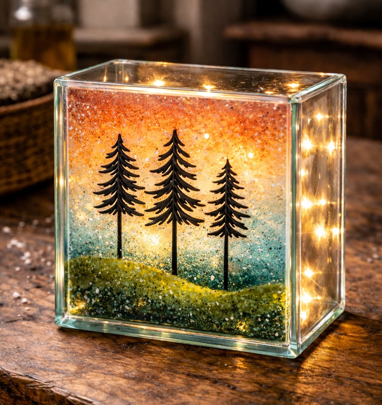 Glass light box with image of tree and landscape in powdered glass