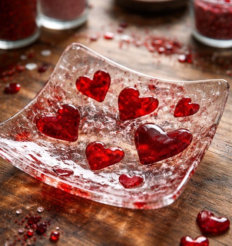 Fused glass dish with red hearts