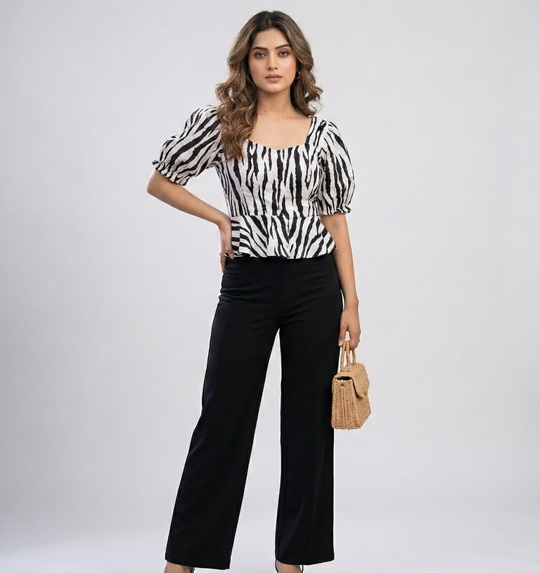 a woman in a zebra print top and pants