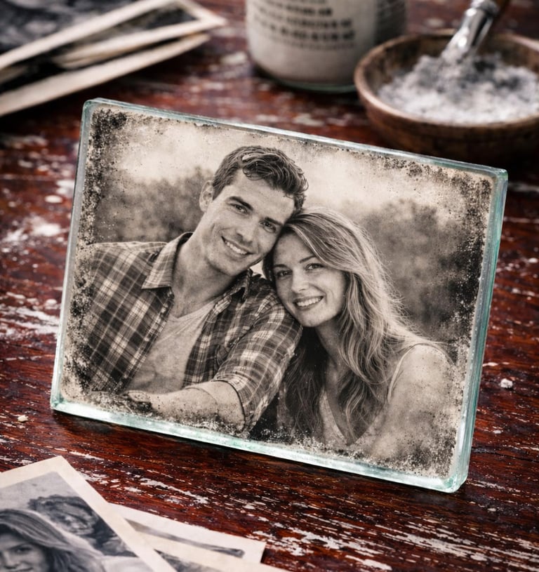 Photo of couple transferred to glass on red table