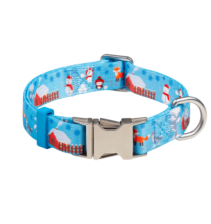 Pawnest® Frosty Friends blue dog collar – winter edition with metal buckle and recycled webbing.