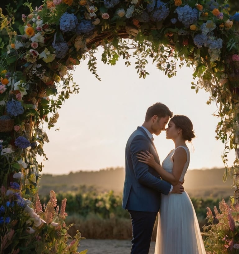 Mariage romantique, Arche fleurie avec compositions pastel, sol pavé, ambiance féerique