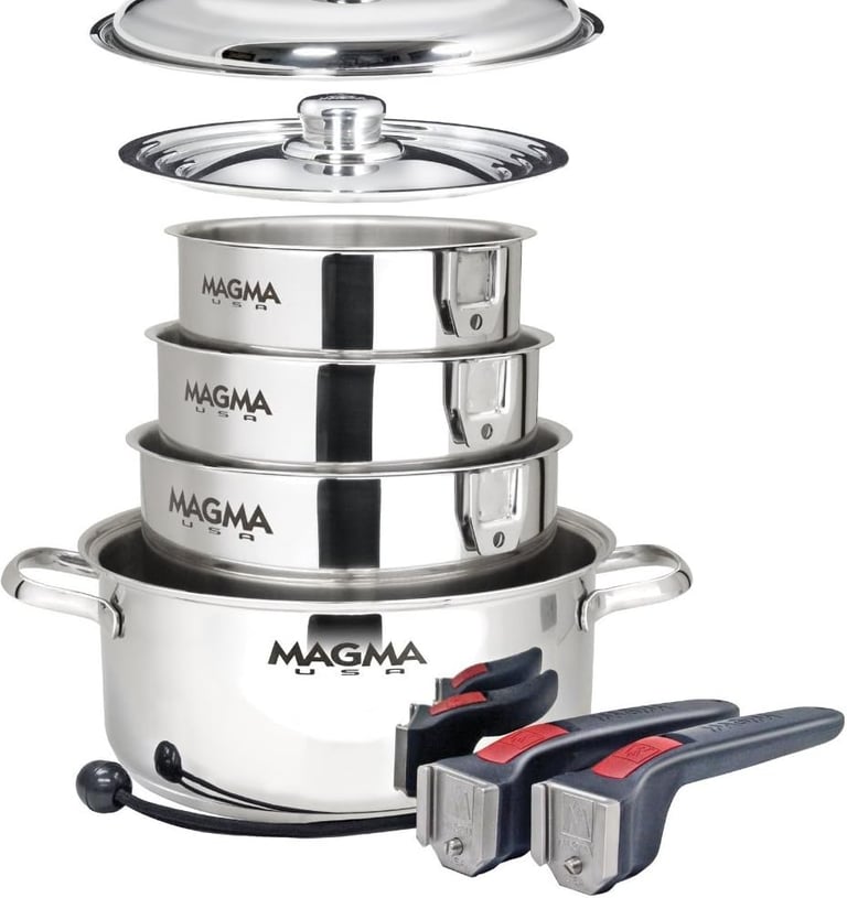 Magma 10 Piece Gourmet Nesting Stainless Steel Cookware Set, Induction Compatible, Oven Safe to 500