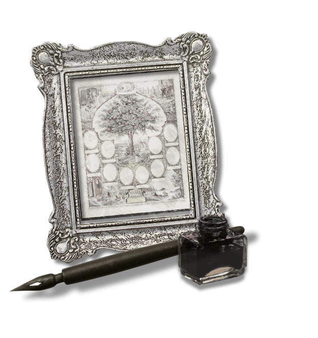 Antique picture frame with vintage family tree, calligraphy pen and black ink