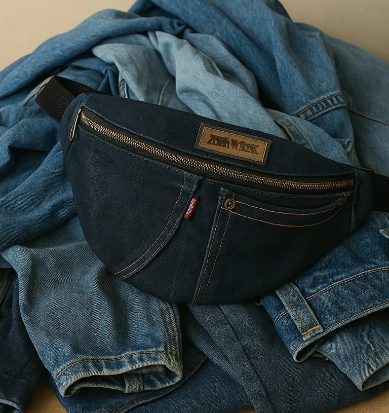 une banane lilyboo fait main en jean recycle sur un tas de jeans bleus