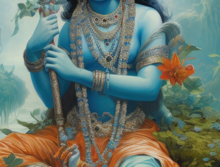 krishna sitting on a mossy rock 