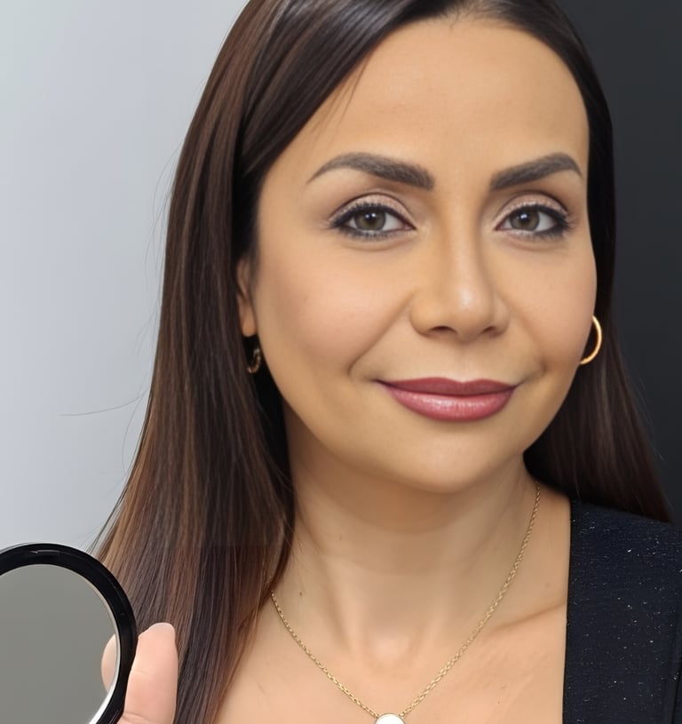 A smiling woman with long brown hair holding a makeup compact with pressed powder foundation.