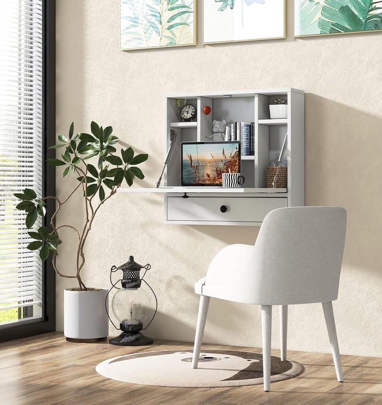 Folding Wall Table - Floating Desk with Storage Drawer & Shelves