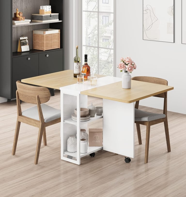 Folding Space Saving Farmhouse Dining Table, with 4 Storage Shelf, 6 Wheels