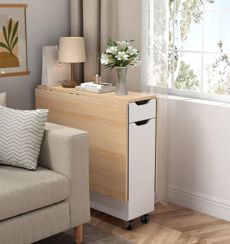 Folding Dining Table with Drawer and Storage and Shelves, Space Saving Dining Table with 6 Wheels