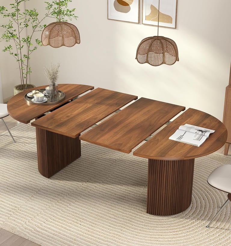 Extendable Mid-Centry Modern Dining Room Table with Fluted Base