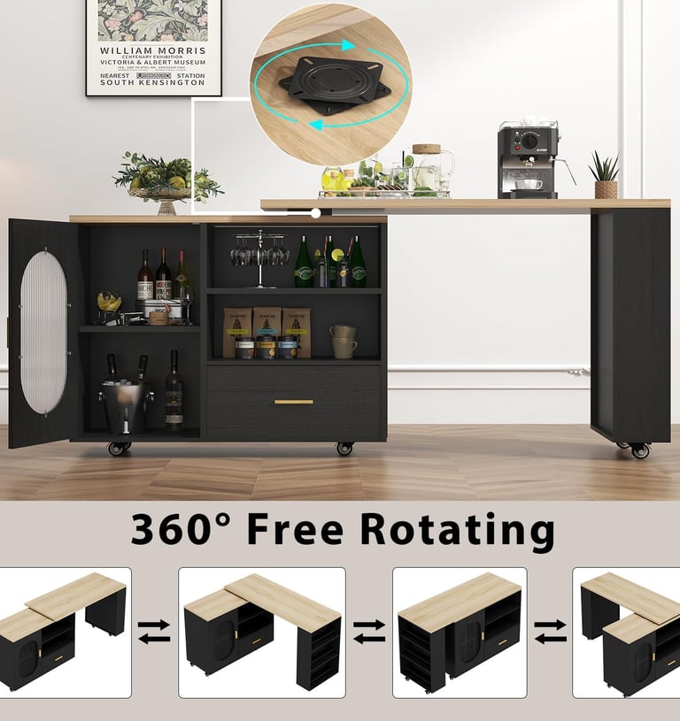 360° Swivel Rolling Kitchen Island with Seating, Storage Cabinet, Drawer & Shelves