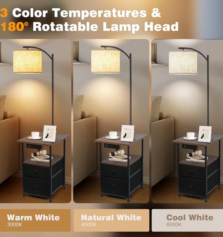 Side Table with Floor Lamp, 2 Drawers, Charging Ports for Living Room and Bed Room