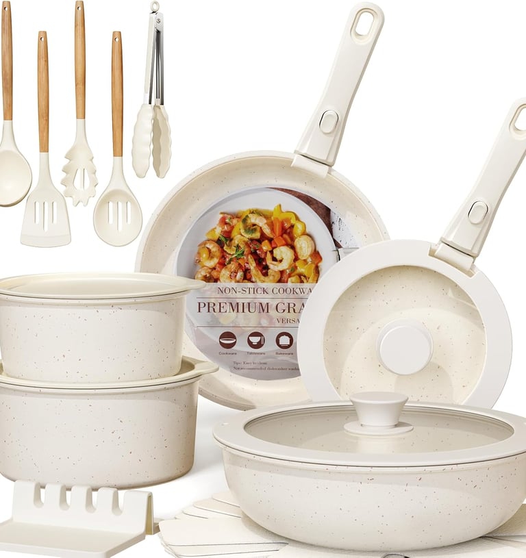 Astercook Ceramic Non-stick Induction Cookware 21 Pcs Pots and Pans Set, Detachable Handle