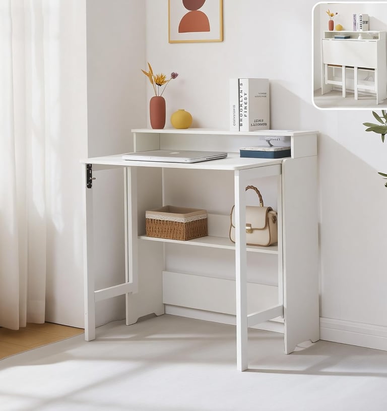 Fold Out Desk with Power Outlets, Small Foldable Table with Storage Shelf