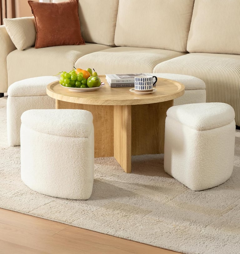 Mid-Century Modern Coffee Table with 4 Chenille Ottomans Underneath