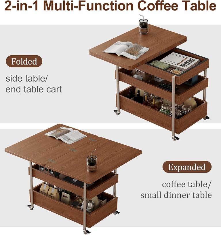3-in-1 Multi-Function Coffee Dining Table on Wheels, Extendable Center Table with Storage