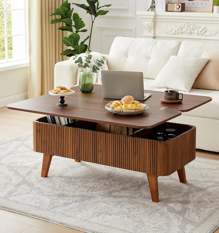  3 in 1 Lift Top Coffee Table, Fluted Convertible Coffee Tables Converts to Dining Tables