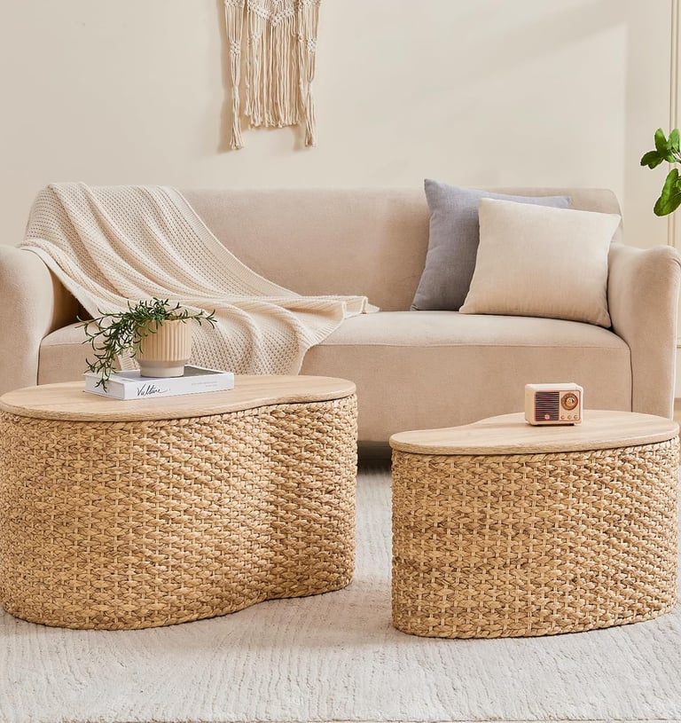 ustic Round Coffee Table with Side Tables, Hand-Woven Exterior with Rubber Cushion Base