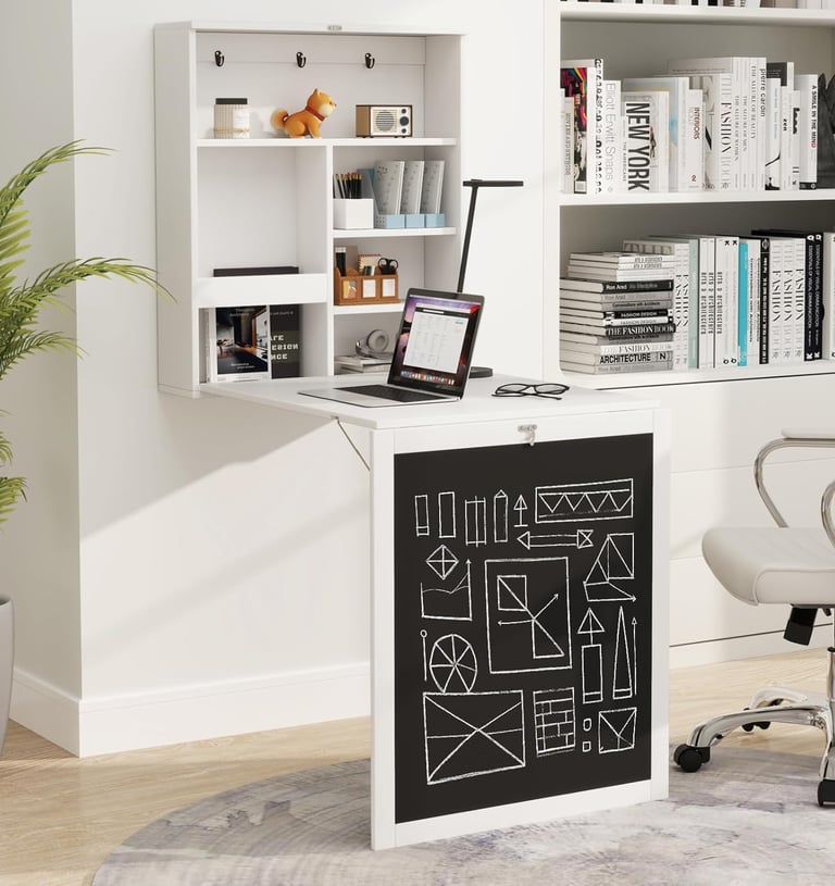 Foldable Floating Wall-Mounted Desk with Chalkboard, Storage Shelves & Hooks