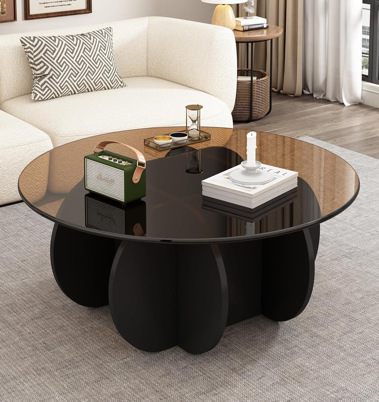 Mid Century Modern Round Tempered Glass Coffee Table for Small Living Room
