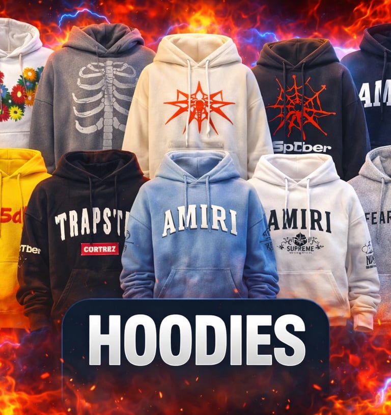 a bunch of hoodies that are all different colors and sizes