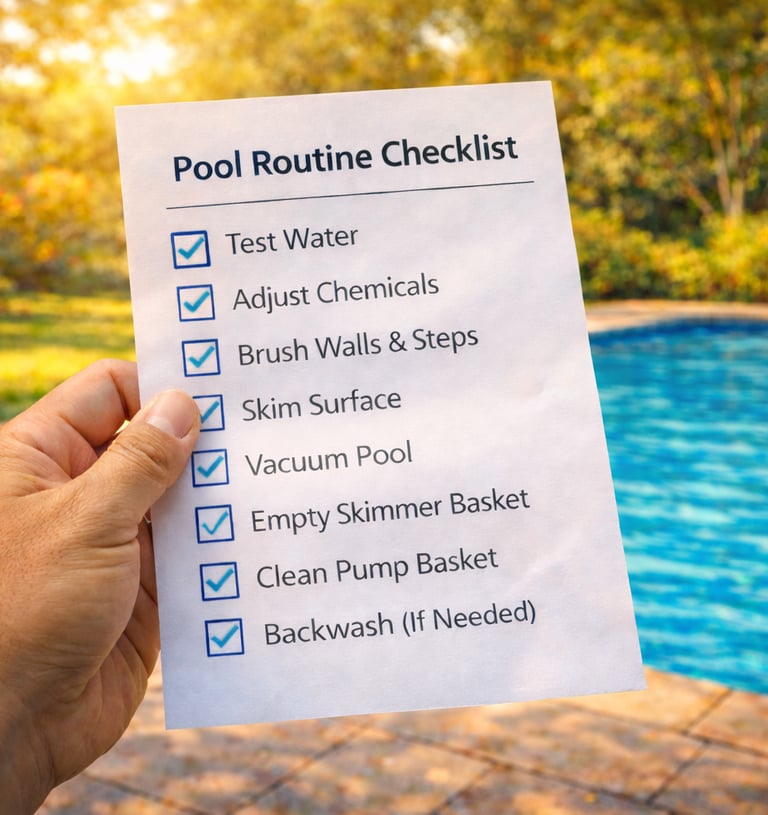 Hand holding a pool routine checklist with maintenance tasks next to a sunny outdoor swimming pool.