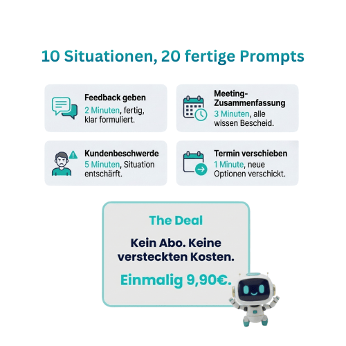 Übersicht des KI Prompt Packs: 20 Vorlagen für Feedback, Meetings und Kundenbeschwerden im Shop.