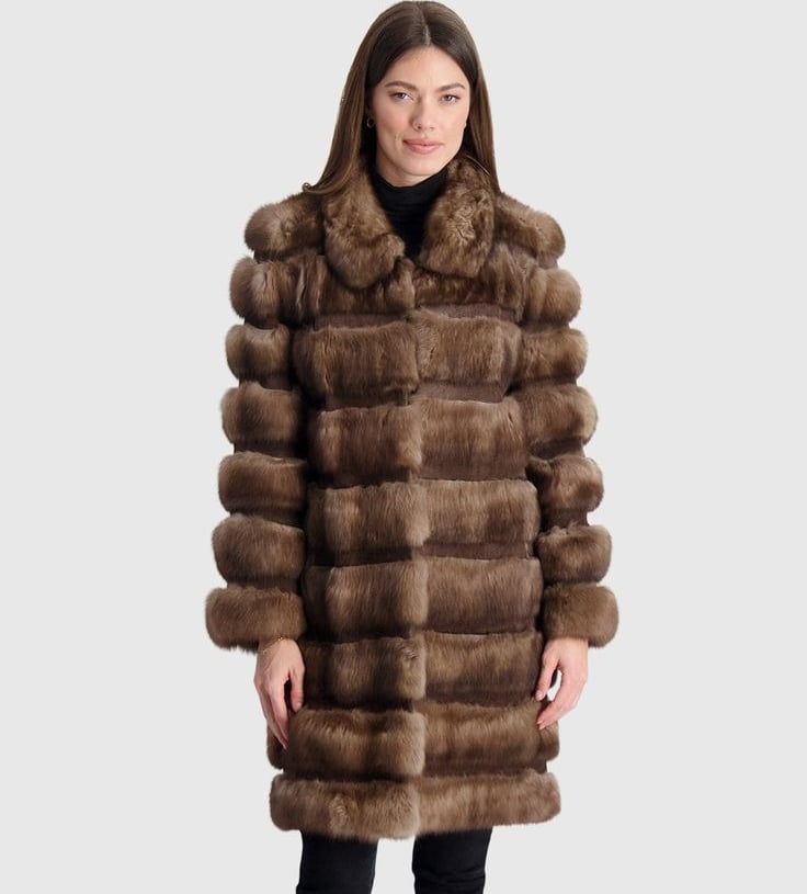 a woman in a long brown gorski coat with a fur coat