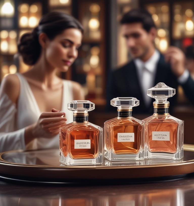 Elegant bottles of perfume and cosmetic products arranged on a clean white surface