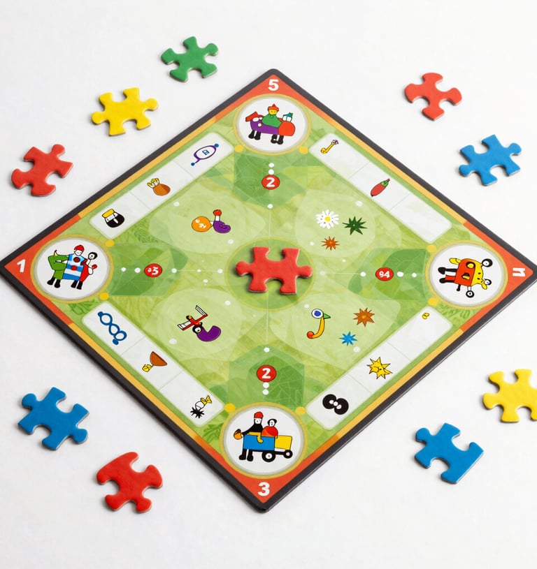 A lively assortment of board games and puzzles stacked neatly