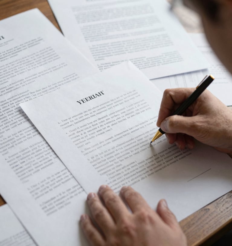 Mano firmando un documento legal sobre una pila de papeles