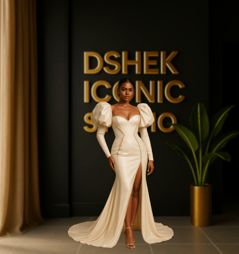 a woman in a white dress standing in front of a sign that says dshe