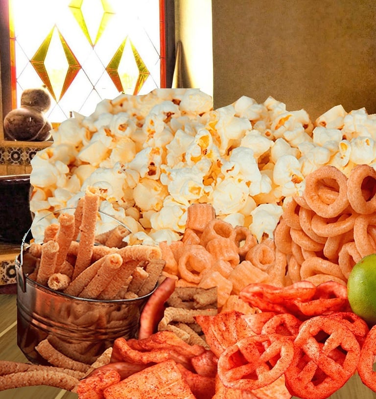 Variedad de frituras, palomitas de maíz y churritos de harina.