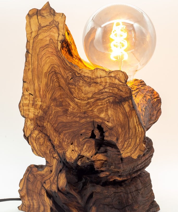 Lampe en bois d'olivier artisanale, unique,  idée cadeau très originale