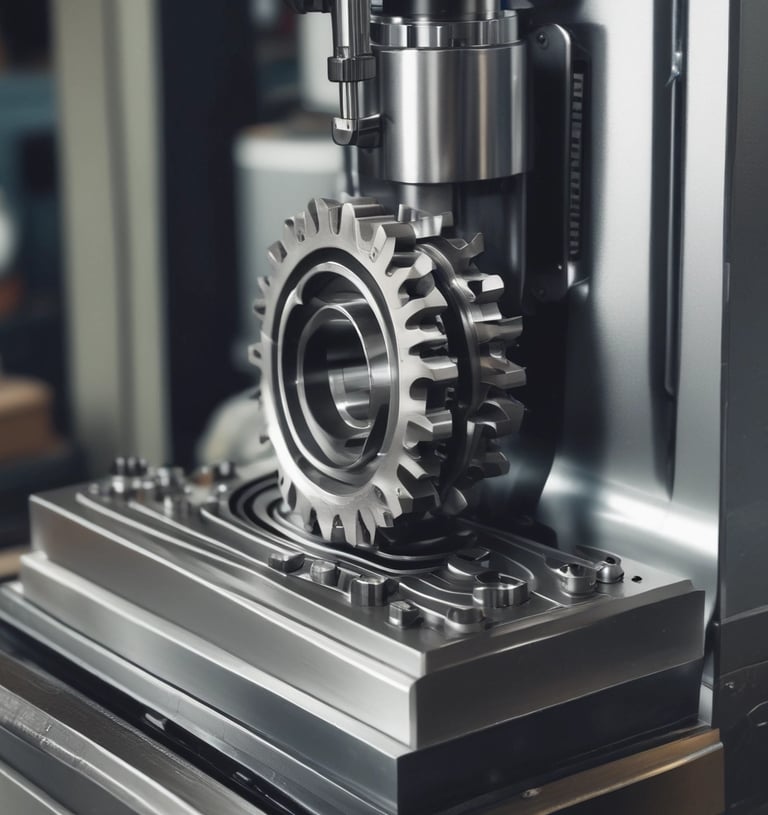 A close-up view of a metallic caliper measuring the diameter of a hexagonal nut. The caliper is placed on a textured surface, accompanied by another nut nearby. The lighting creates a shiny effect on the metal parts, highlighting their contours and precision.
