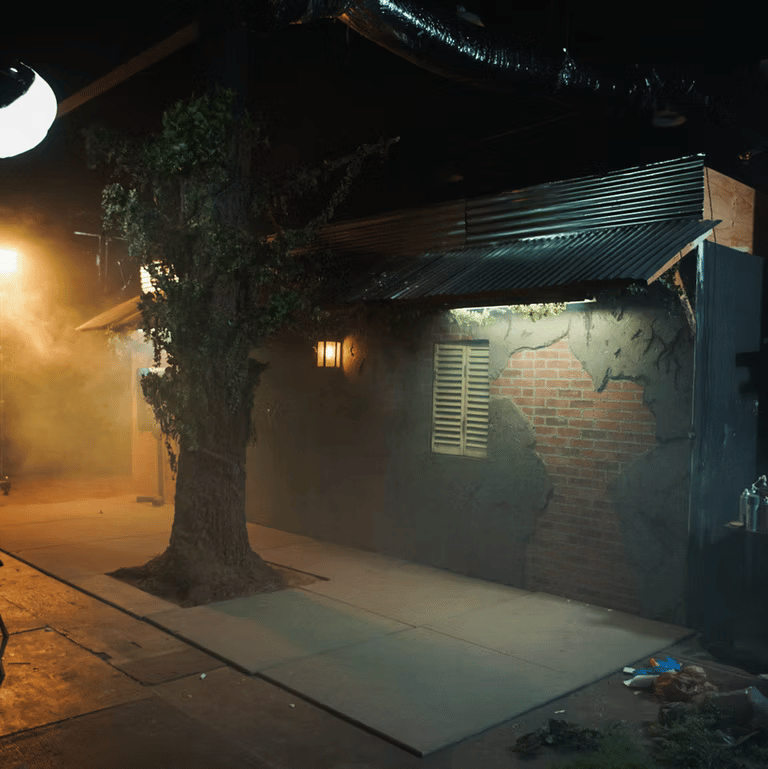 Street-style bar exterior set at Grayfox Studios with realistic façade and sidewalk atmosphere