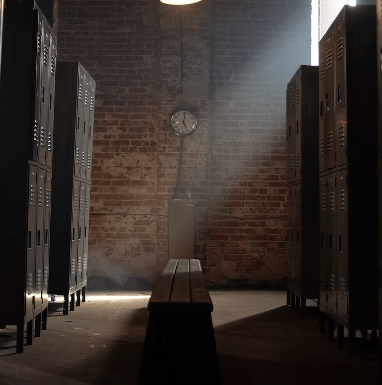 Locker room set at Grayfox Studios with benches, lockers, and sports-inspired atmosphere