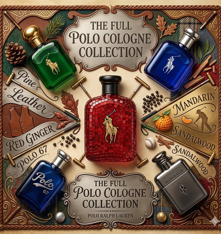 The Full Polo Cologne Collection by Ralph Lauren featuring Green, Blue, Red, and Polo 67 bottles.