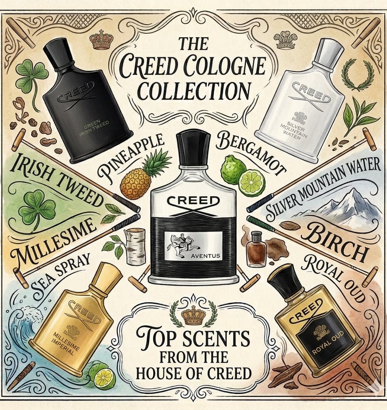 Illustrated Creed Cologne Collection featuring Aventus, Green Irish Tweed, and Silver Mountain Water perfume bottles.