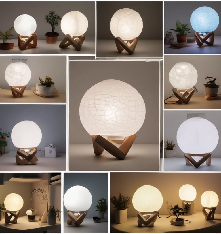 a yellow moon lamp sitting on top of a wooden stand